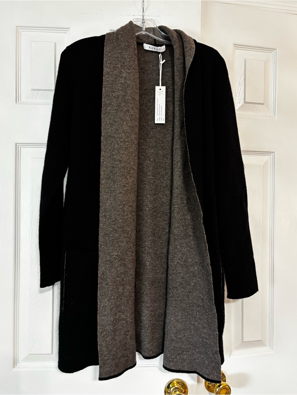 NWT Kokun Black & Gray Open-Front Hooded Women's Cardigan Sweater size M
